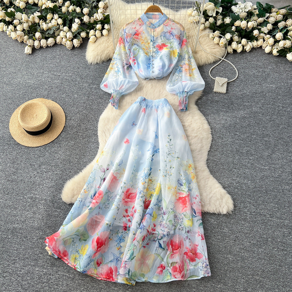 French romantic floral print lantern sleeve blouse and high-waisted midi skirt two-piece set - autumn chic, socialite style