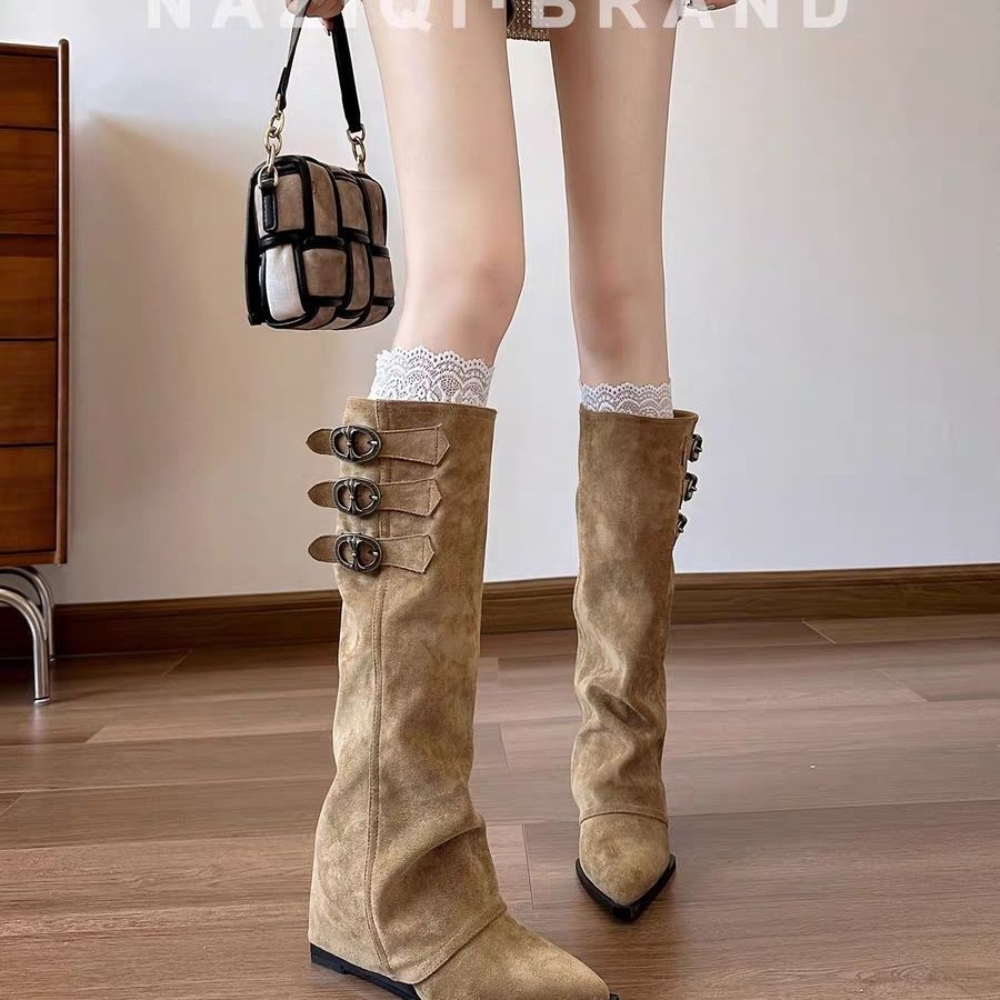 2025new arrival pointed toe pile boots women's belt buckle hidden heel over the knee knight boots fall and winterfrenchslimming look boots