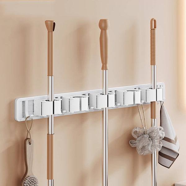 White mop clip No punching hook Mop frame Wall hanging Balcony One-piece bathroom Multifunctional broom fixing frame