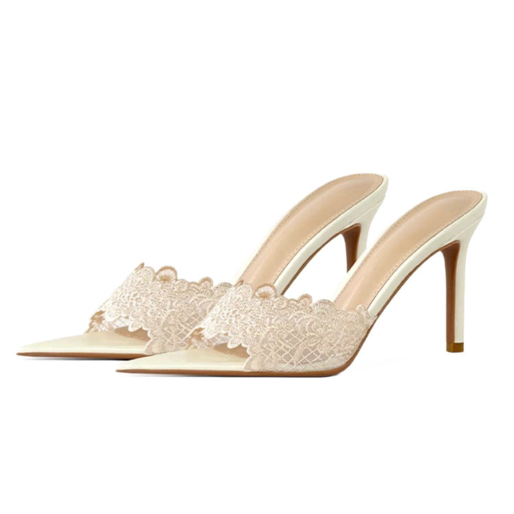 French lace pointed-toe high heel slippers - women's 2026 summer new collection - stiletto heel outdoor sandals - elegant one-strap slides