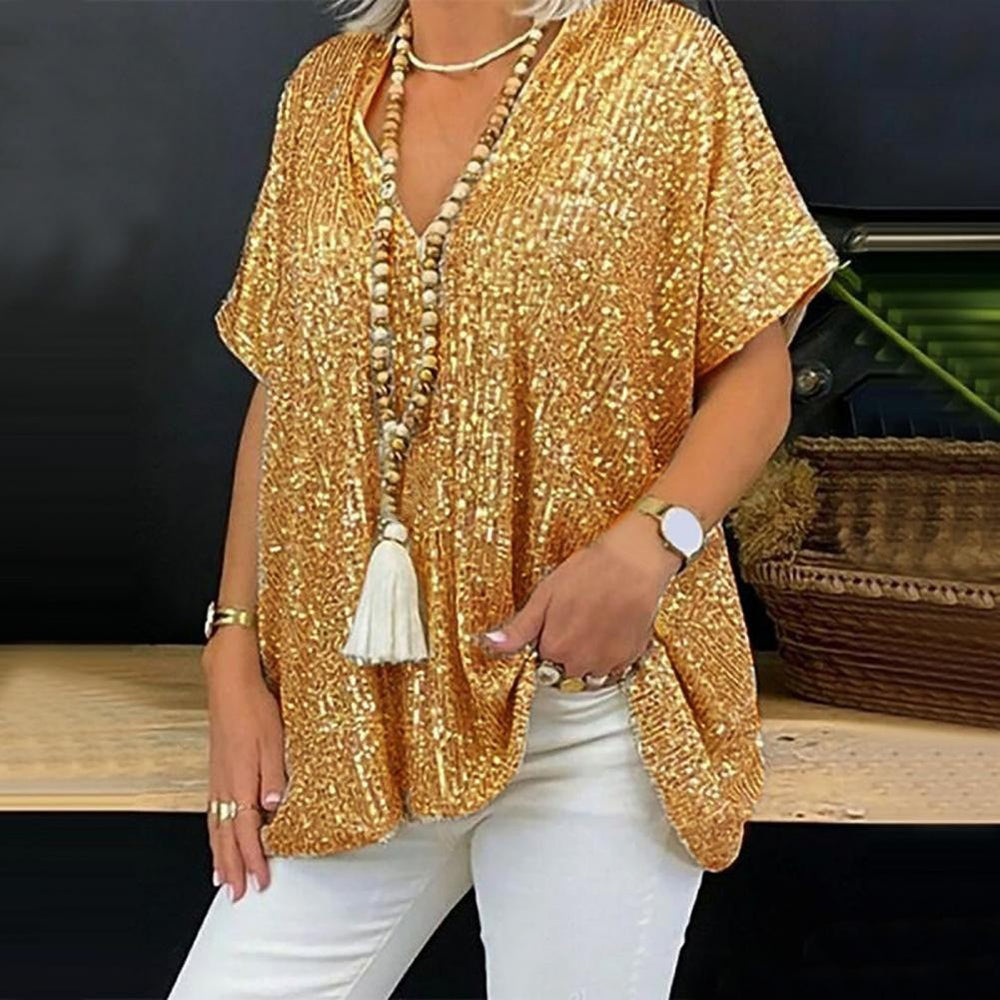 new european and american  style short-sleeve urban casual loose fit pullover sequin v-neck t-shirt top for women