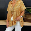 new european and american  style short-sleeve urban casual loose fit pullover sequin v-neck t-shirt top for women