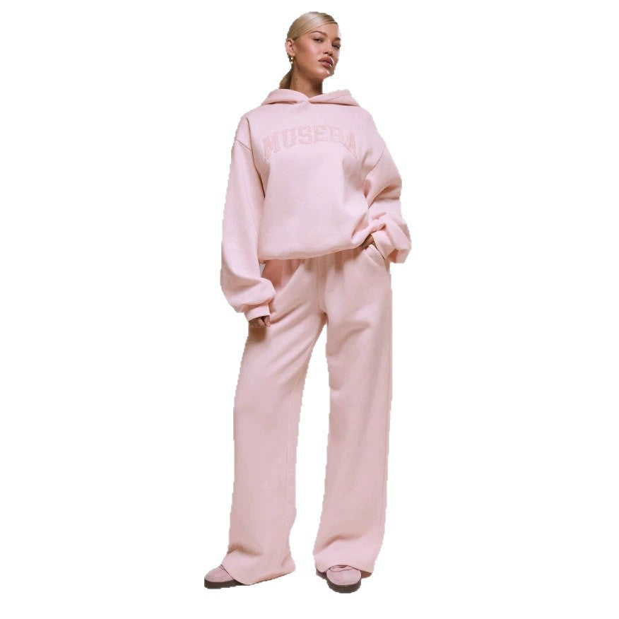 Amazon fashion cross-border  light pink casualcasualsuit same color flocking short hooded sweatshirt