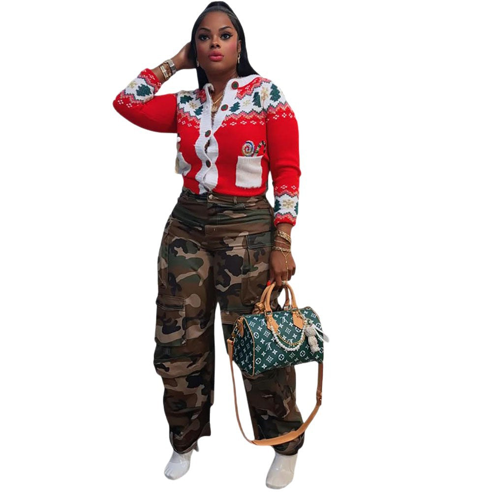 European and american style camouflage jeans -  cross-border women's fashion streetwear versatile high-waisted denim cargo pants