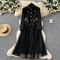 French chic a-line patchwork fashion dress - women's long sleeve, slim fit, figure-flattering, elegant long dress