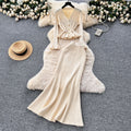 Rich girl style high-end mature woman set: women's autumn flared sleeve knit top + high-waisted fishtail midi skirt