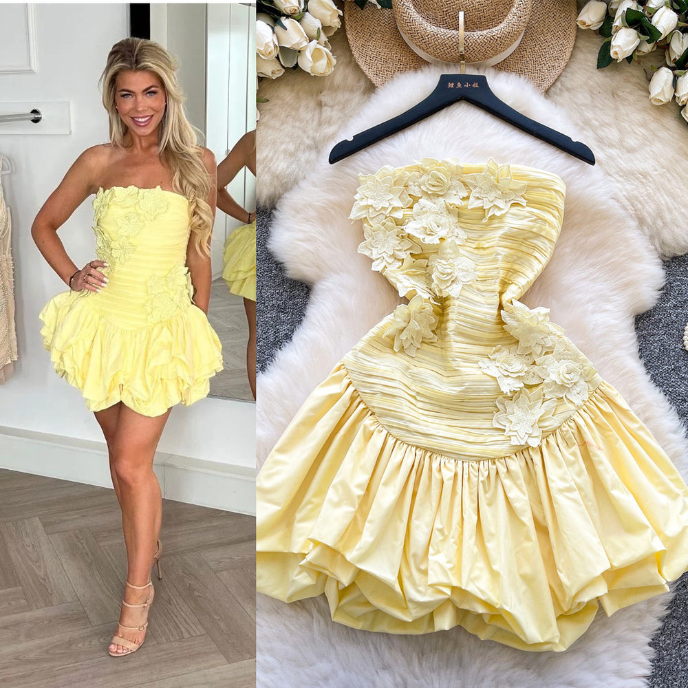 French heavy industrystereo flower dress seaside vacation style one shoulder tube top dress ruffles skirt