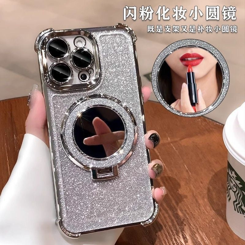 Glitter mirror magnetic stand iphone 17 case, compatible with apple 15, minimalist four-corner transparent electroplated soft case