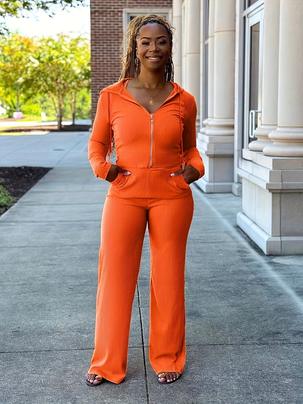 Y5256 autumn and winter European and American women's clothing, fashionable solid color zipper unlined hooded casual long-sleeved sports two-piece set