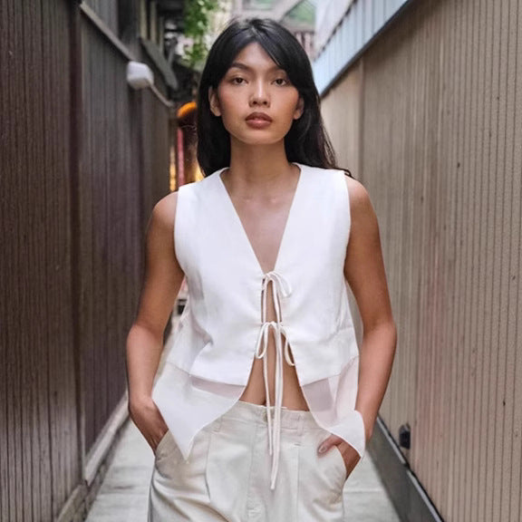 European and American  double-sided lace-up vest vest women's 2025 summer niche foreign-style white splicing cardigan women's clothing