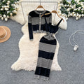 Autumn outfit set for women: high-end, fashionable color block striped knit cardigan with cinched waist cami bodycon dress
