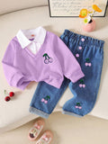 new spring cross-border textured lapel patchwork top + heavily embroidered cherry denim pants set