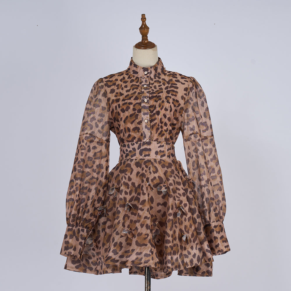 European and american style retro print beaded lantern sleeve top + a-line midi skirt two-piece set - high-end socialite look