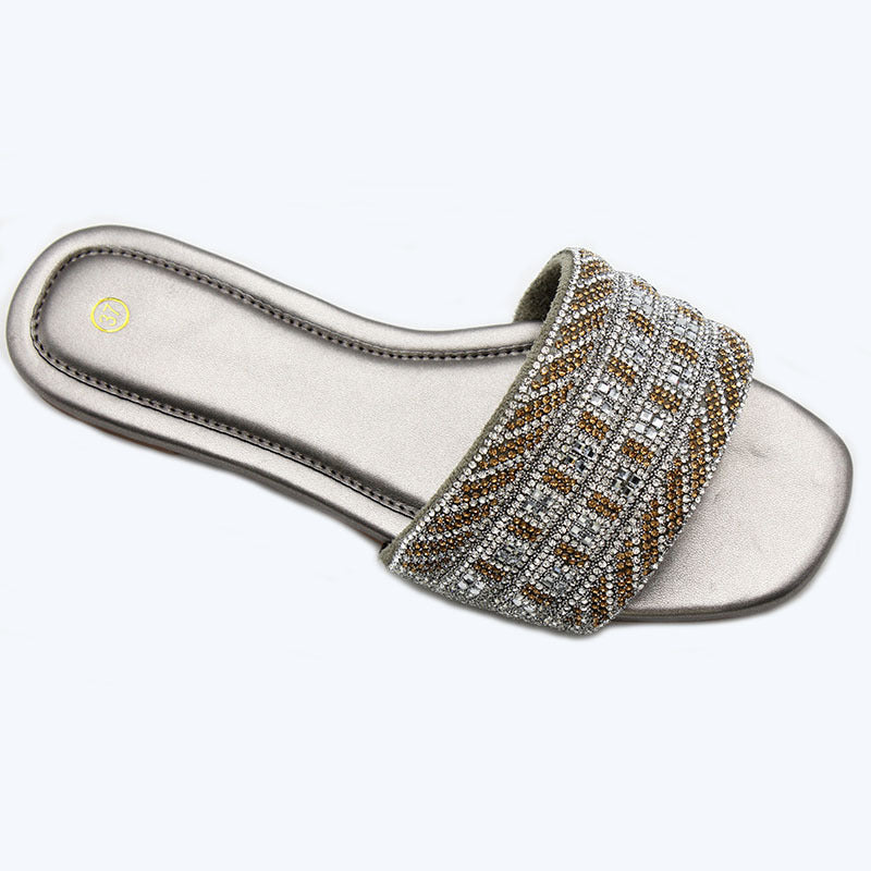 Factory Women Shoes New Design Rhinestone Cool Slippers Women's Flat Bottom One-Flip Beach Slippers