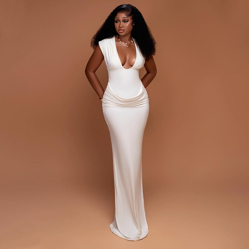 autumn new arrivals: european & american style women's solid color v-neck ruched sleeveless bodycon dress - sexy & chic