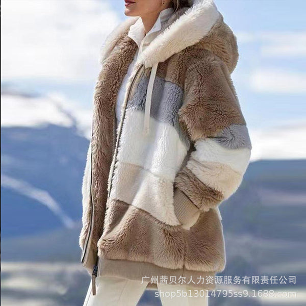 Wish independent station 2023  hot sale new autumn and winter loose plush multi-color hooded coat women