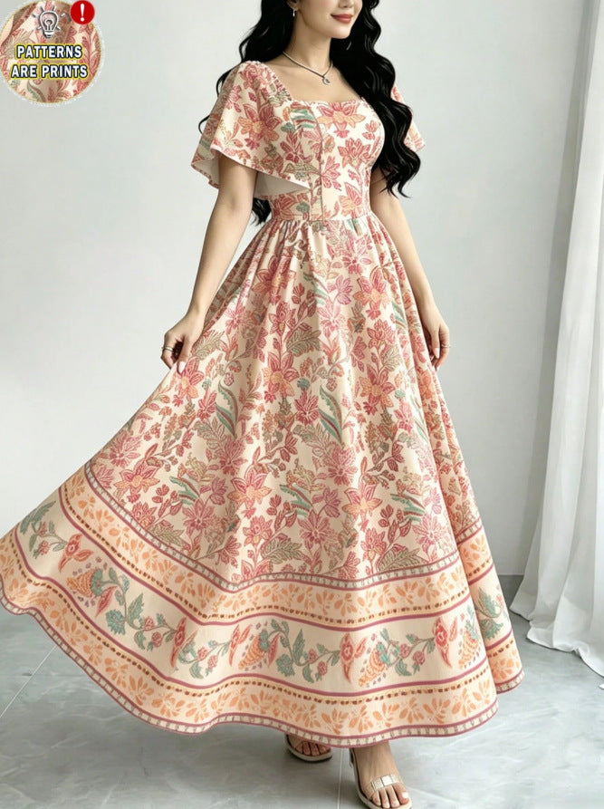 european and american new retro border floral square neck flutter sleeve maxi dress - cinched waist, flared hem, printed dress