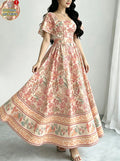 european and american new retro border floral square neck flutter sleeve maxi dress - cinched waist, flared hem, printed dress