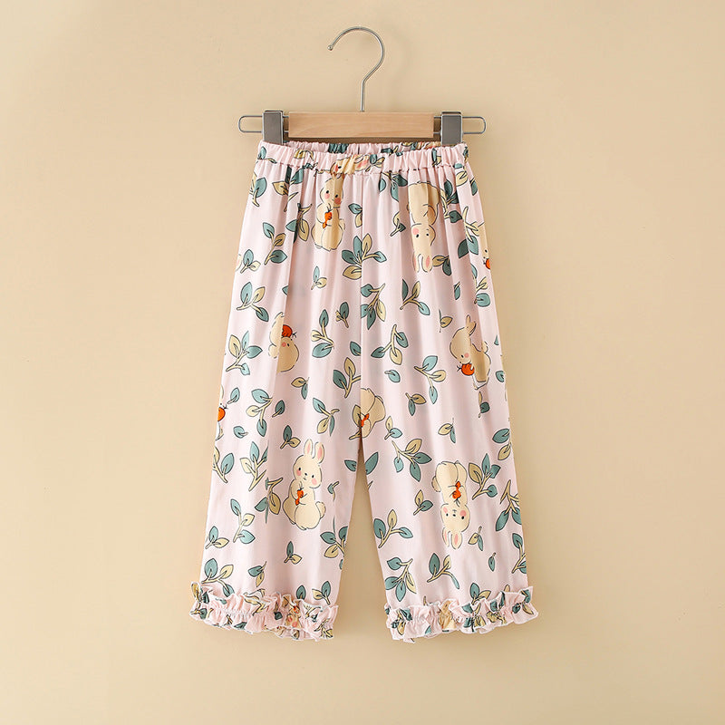 Girls' rayon summer lightweight pajama pants - cartoon print, loose fit, breathable, can be worn outdoors, cropped length
