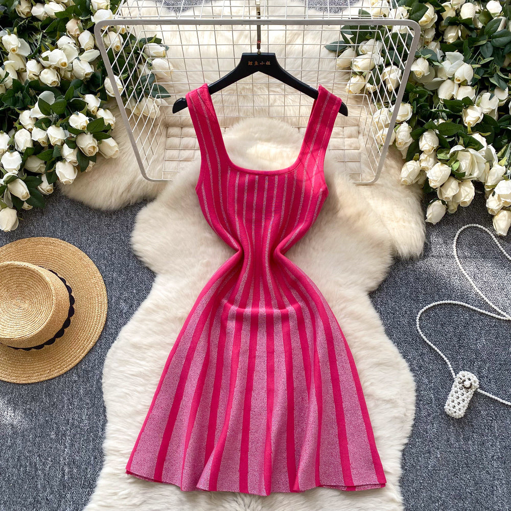Knitted dress women's  summer new arrival - high-end square neck sleeveless cami dress with cinched waist and sparkling a-line mini skirt
