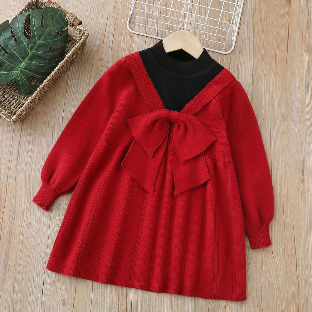 new year's & christmas girls' knit sweater dress - sweet & chic bow detail