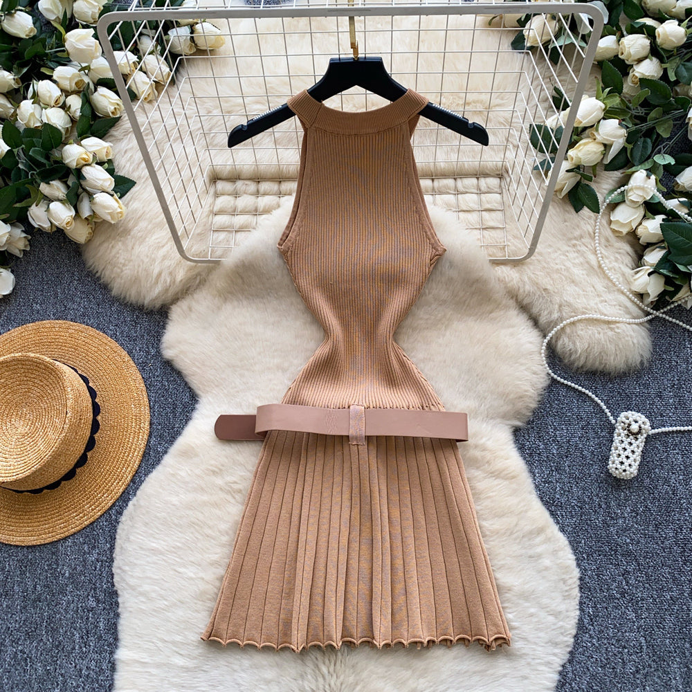 French chic sleeveless knit dress -  summer high-waisted a-line dress - office-ready, slim-fit mini dress