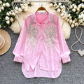 Classy heavy industry diamond-encrusted polo collar long sleevesshirt women's looseslimming lookcasualsequinembroider single-breasted tops