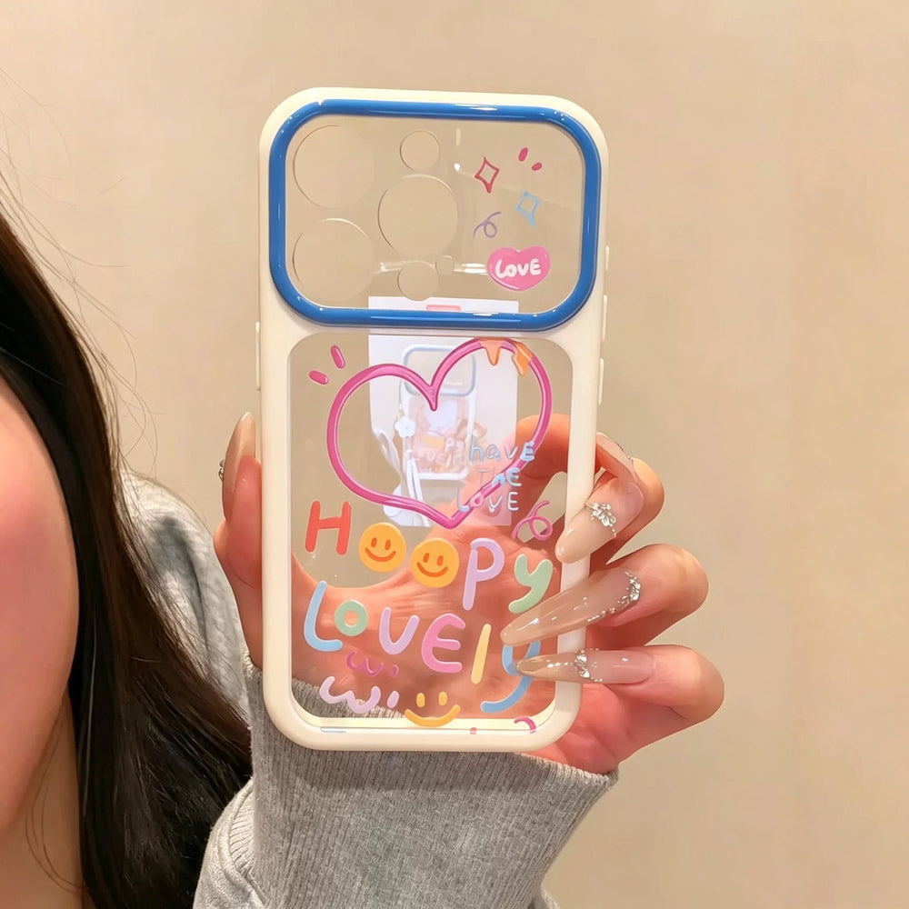Milky white blue frame transparent large window rainbow heart smiley face english mobile phone case suitable for apple 17 anti-fall protective cover
