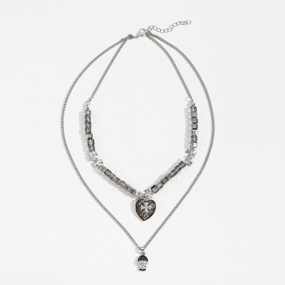 Hip-hop trendy versatile skull pendant necklace - statement layered metal heart cross men's necklace