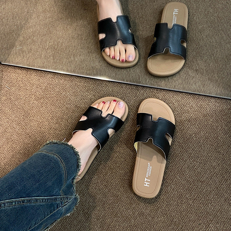 Fashionable starlight silver h strap versatile soft sole sandals & slippers - high-end french retro flat one-strap slides for women