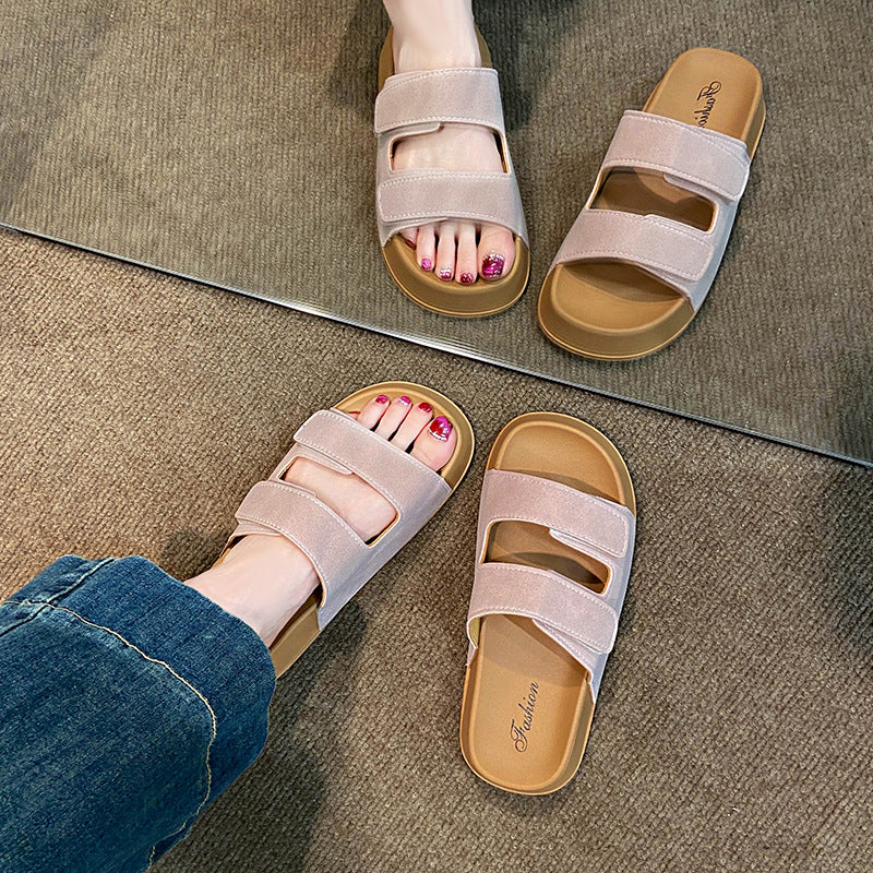 Korean style casual one-strap hook-and-loop birkenstock sandals women's summer outdoor new thick sole soft beach slippers