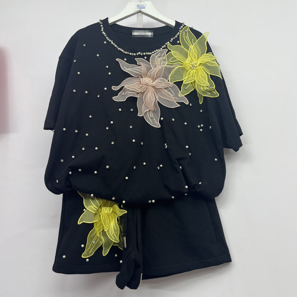 Fashionsuit european goods sense of design butterfly diamond short-sleeved t-shirt tops women + elastic waist wide-leg shorts two-piece set
