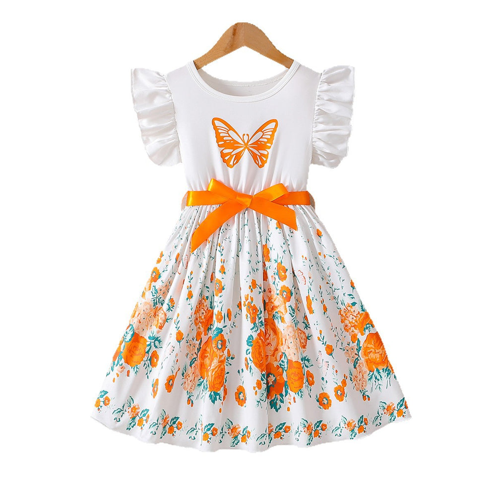 Exportsummergirldress flying sleeves ruffles orange butterfly printing waist large skirt kids a-line skirt