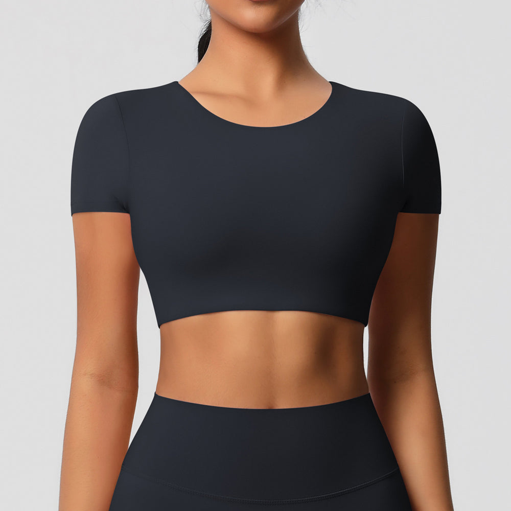 Ready-to-ship, cross-border, double-sided brushed, built-in bra, form-fitting, short-sleeve yoga top, pilates, running, and workout t-shirt for women
