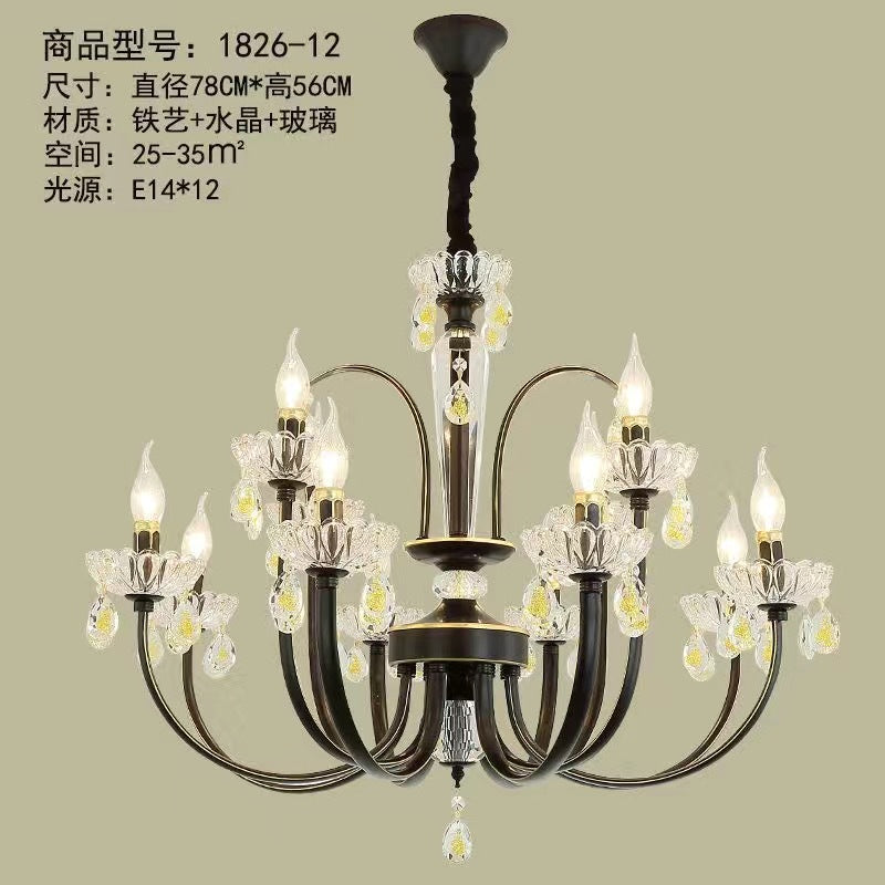 American simple wrought iron living room light luxury creative bedroom dining room light retro crystal light clothing store candle chandelier