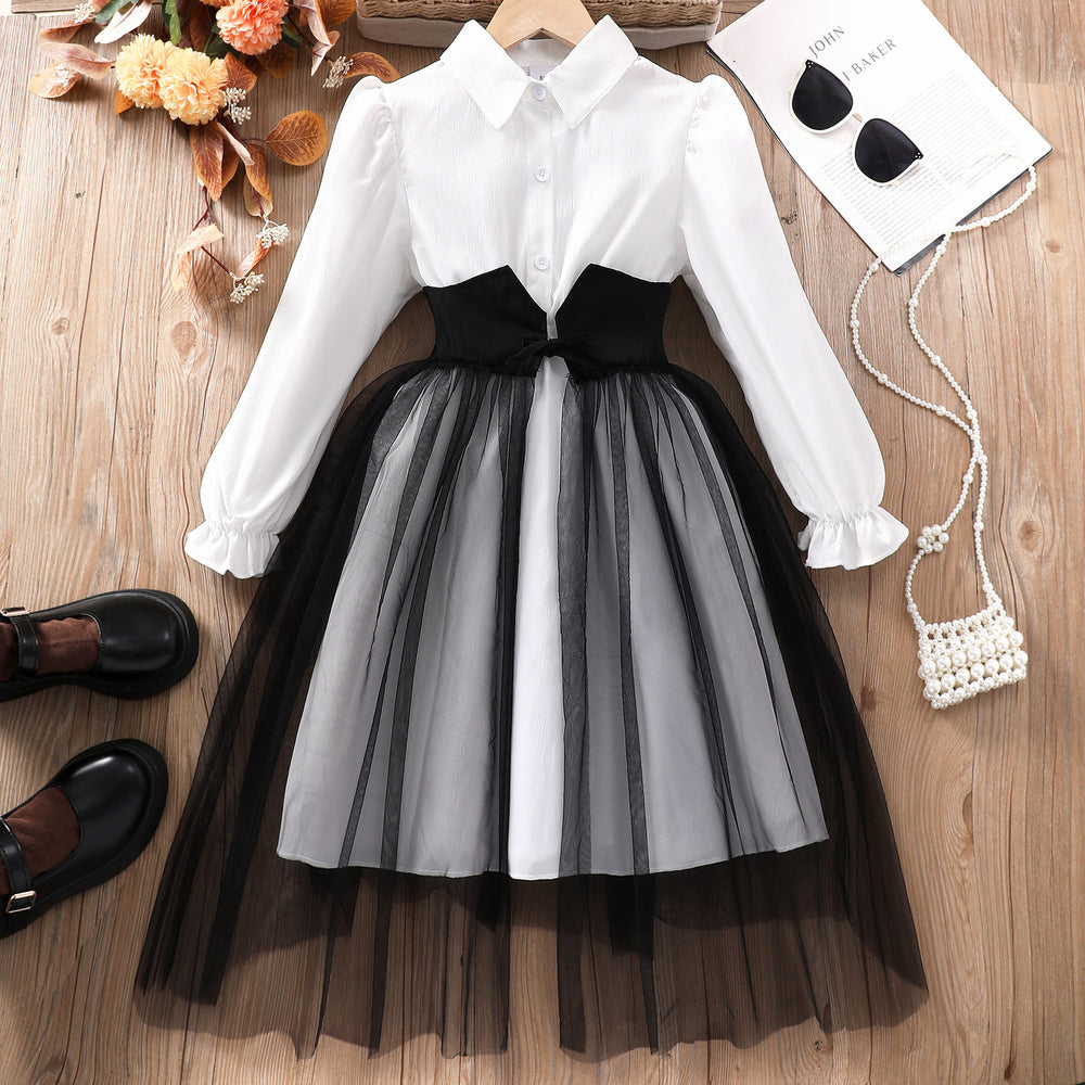 new arrival female youthlong sleeves lapel girdle mesh patchwork dress