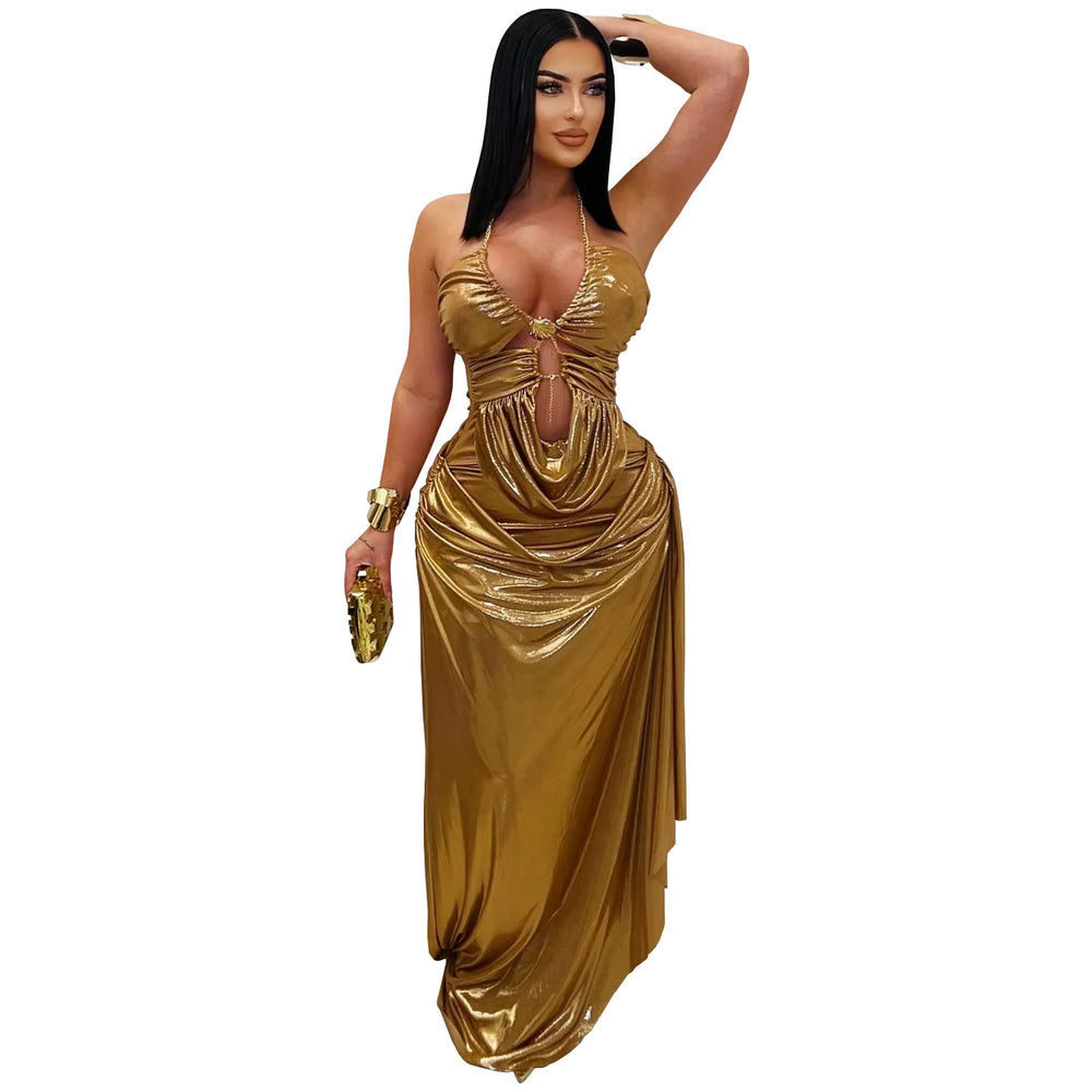 C7491 cross-border   fashion women's sexy halter gold chain ruched sleeveless dress