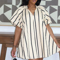 European and american cross-border women's fashion:  spring new arrival - chic v-neck, puff sleeve, striped, loose-fit mini dress