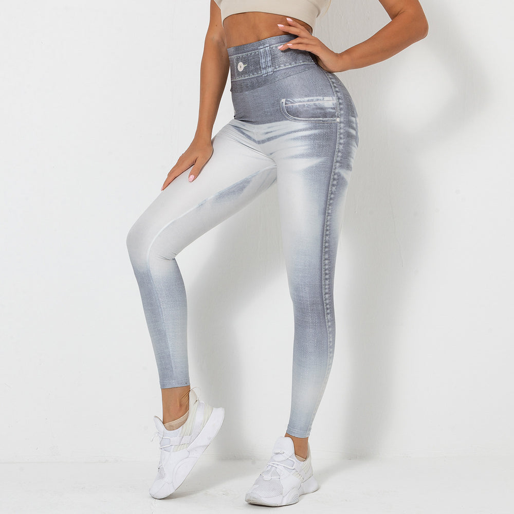 Clearance: european and american style digital print denim blue high-waisted, high-stretch, quick-dry yoga pants - women's activewear for running and fitness