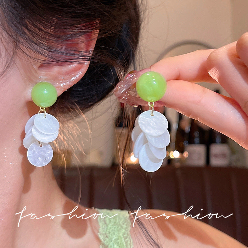 Avocado green shell stud earrings - sweet dopamine earrings for women, new 2026 high-end resort style beach earrings