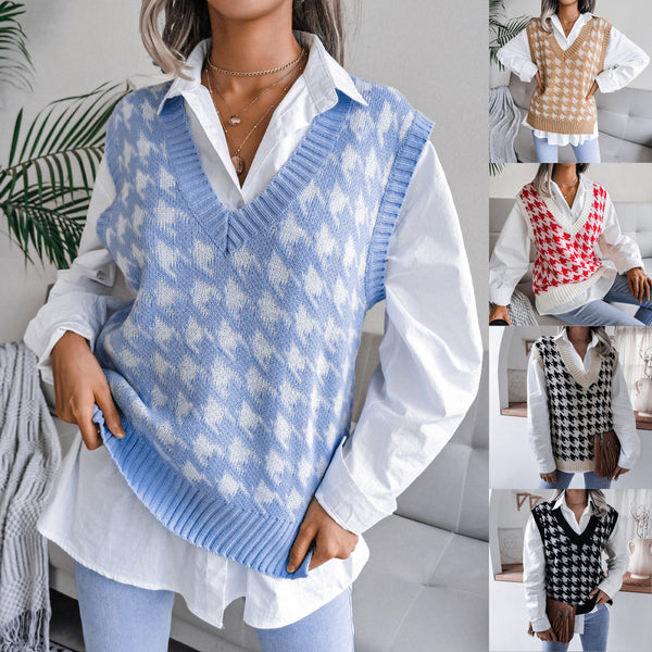 Clearance 2023 autumn and winter European and American V-neck thousand bird grid casual loose knitted vest sweater vest,