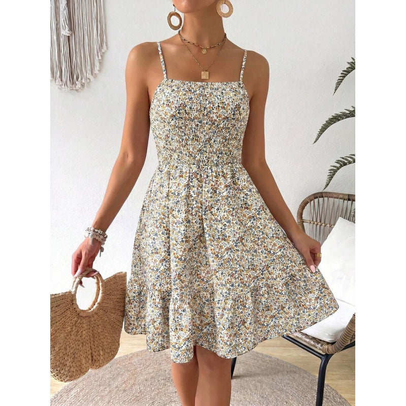 fashion  summer new arrival holiday floral pleated ruffles casual suspender dress for women