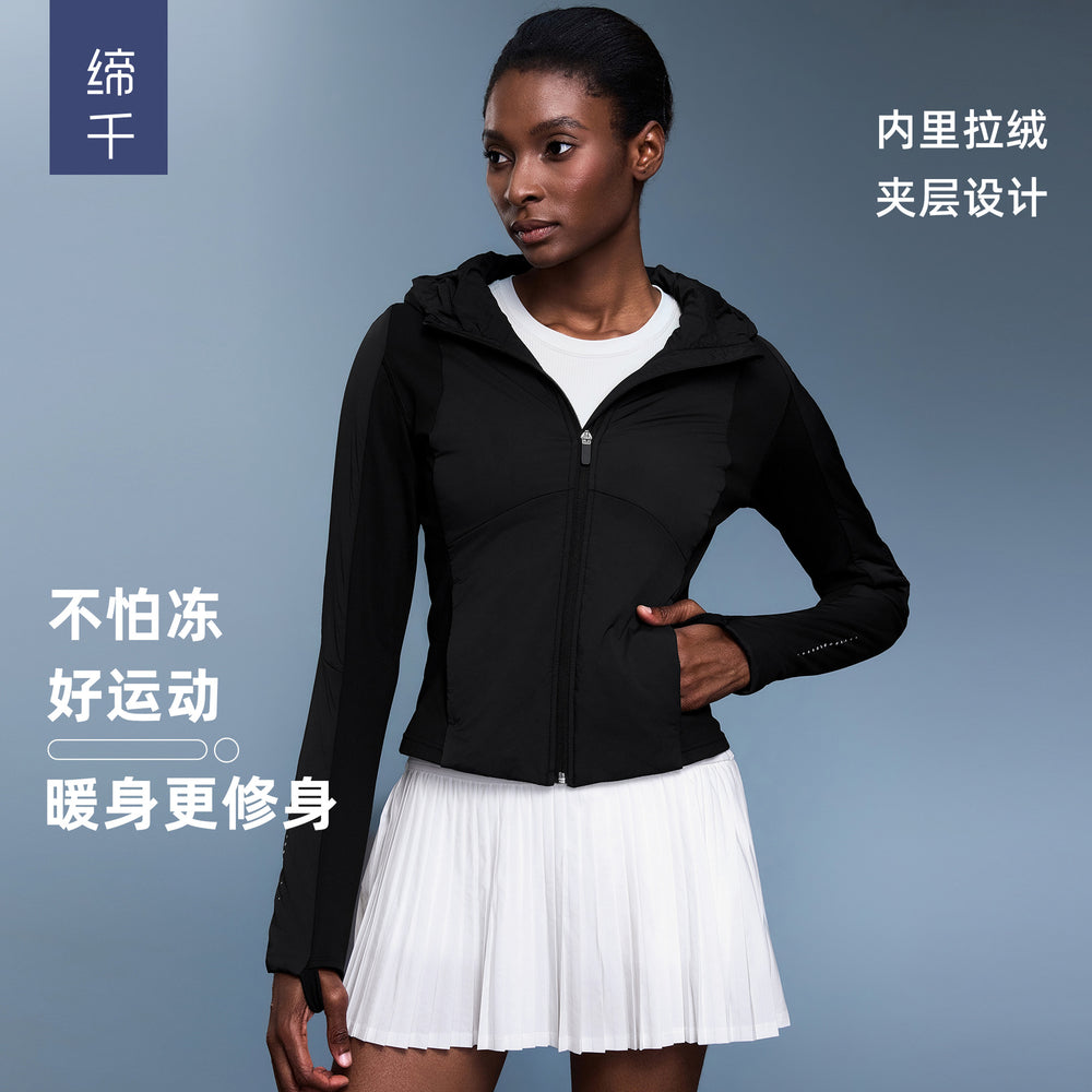 Women's fall/winter cropped lightweight padded cotton jacket - slim fit, fleece-lined, open front cardigan, sporty hooded top d25121