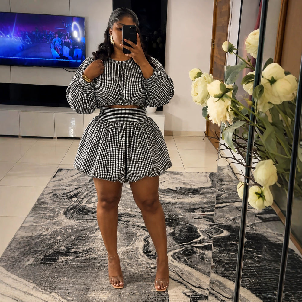 European and american women's clothing  autumn new collection: sweet and fresh round neck lantern sleeve cropped shirt and high-waisted skirt pant two-piece set