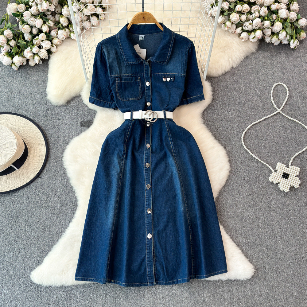 Petites short-sleeved denim dress women's summer 2024new arrivalelegantretroclassy waist slimming look long skirt