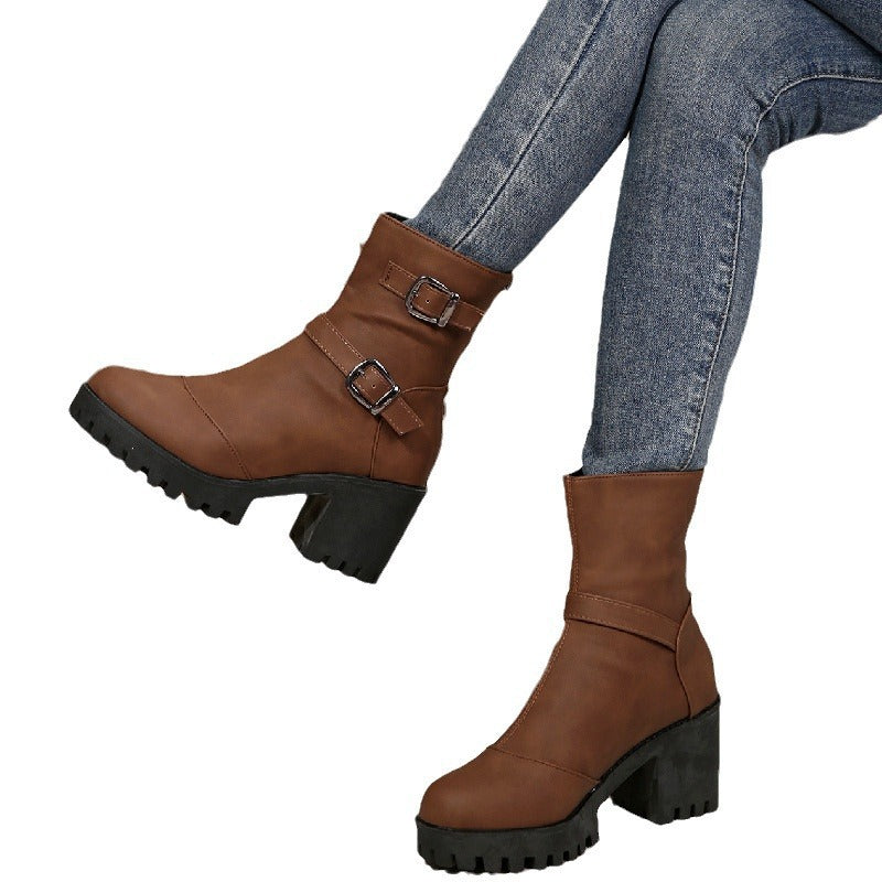 plus size boots for women fall and winternew arrivalfashionfashion round toe thick heel belt buckle women's boots