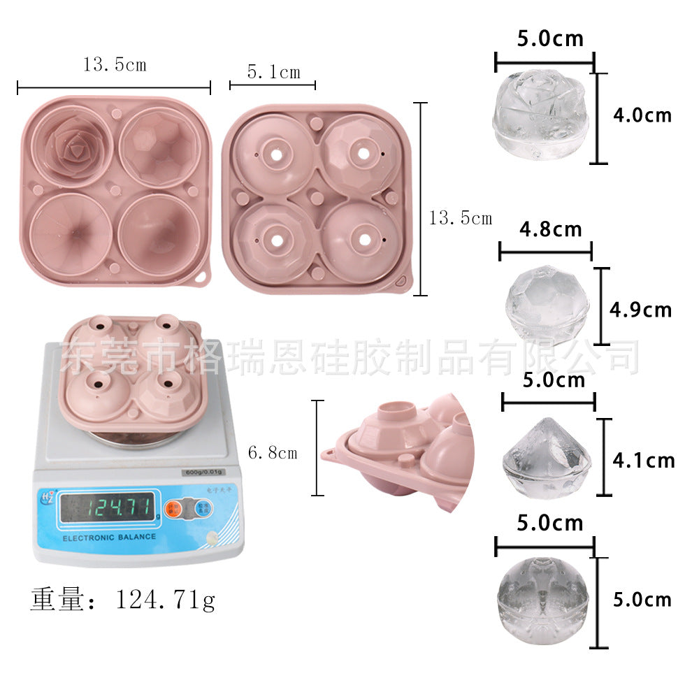 Creative rose silicone ice box multi-shape 4 grid with cover round 5CM easy demoulding silicone ice cube mold