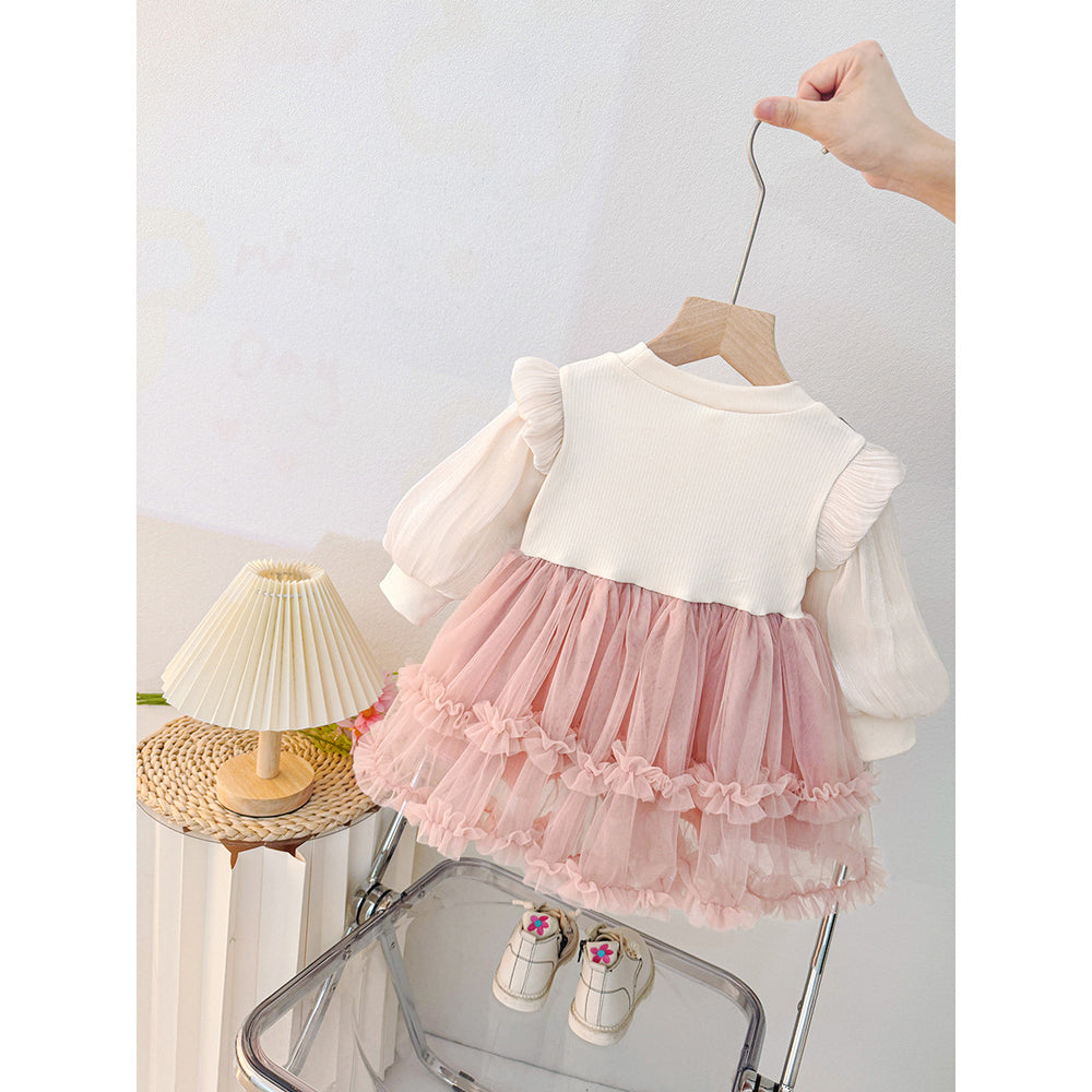 Spring girls' dress  new mesh long sleeve spring korean style fashion solid color chic baby girl dress