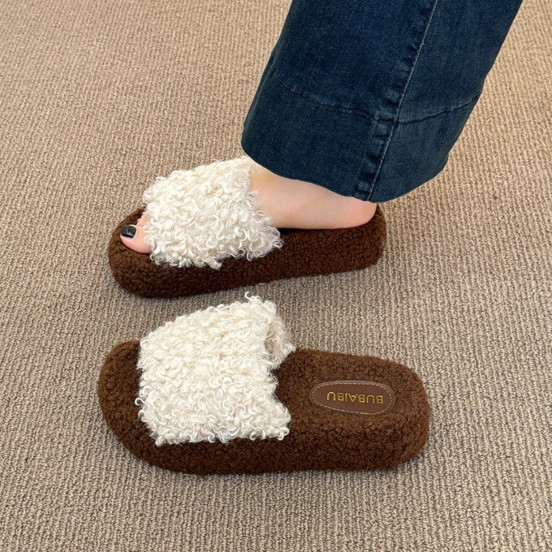 Fall and winterthick sole lambswool cotton slippers for women new arrivalk-stylesweet fur slippers with one strap fleece-lined cotton slippers for women
