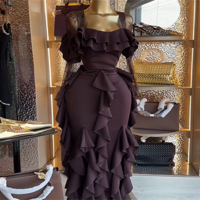 European and american cross-border women's fashion:  autumn new arrivals - sexy and elegant square neck ruffle trim midi bodycon dress